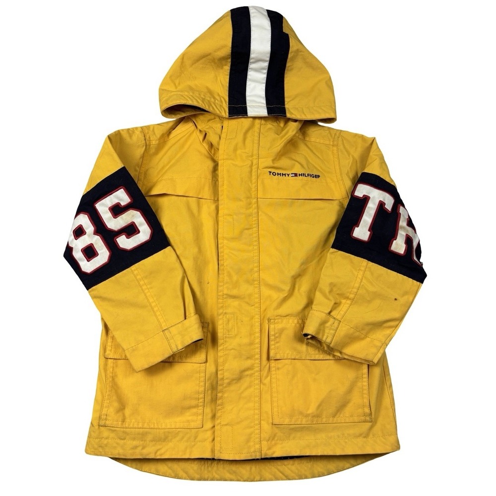 Y2K Tommy Hilfiger Kids Yellow Hooded Rain Jacket Coat 4T Sailing Nautical